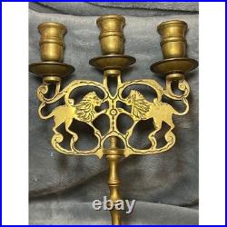 Vintage Brass Lion Candelabra Triple Candle Holder Table Decor 13 Tall