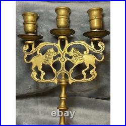 Vintage Brass Lion Candelabra Triple Candle Holder Table Decor 13 Tall