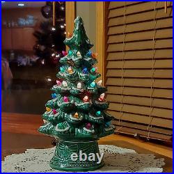 Vintage Ceramic 17 Lighted Christmas Tree Snow Flocked Great Condition 2 Piece