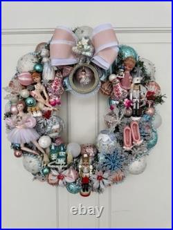 Vintage Christmas Holiday Nutcracker Wreath Kitschy Pink Icy Blue Dancer 20 Inch Vintage Christmas Holiday Nutcracker Wreath Kitschy Pink Icy Blue Dancer 20 Inch