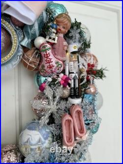 Vintage Christmas Holiday Nutcracker Wreath Kitschy Pink Icy Blue Dancer 20 Inch