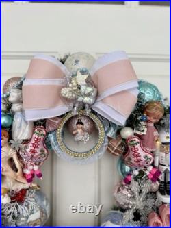 Vintage Christmas Holiday Nutcracker Wreath Kitschy Pink Icy Blue Dancer 20 Inch