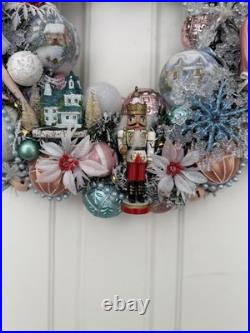 Vintage Christmas Holiday Nutcracker Wreath Kitschy Pink Icy Blue Dancer 20 Inch