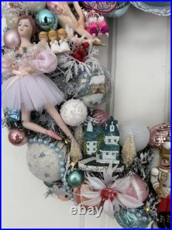 Vintage Christmas Holiday Nutcracker Wreath Kitschy Pink Icy Blue Dancer 20 Inch