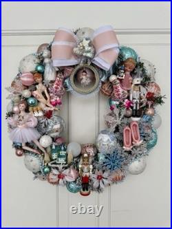 Vintage Christmas Holiday Nutcracker Wreath Kitschy Pink Icy Blue Dancer 20 Inch