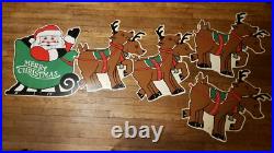 Vintage Christmas Santa Sleigh Reindeer Plastic Yard Sign Art