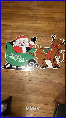 Vintage Christmas Santa Sleigh Reindeer Plastic Yard Sign Art
