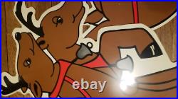 Vintage Christmas Santa Sleigh Reindeer Plastic Yard Sign Art