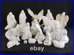 Vintage Completed Craft Ceramic Cast Nativity Set Decor Blue White Glaze Large