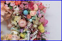 Vintage Easter Wreath 16 Mr & Mrs. Ceramic Bunny Easter Eggs Vintage Flowers