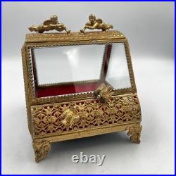 Vintage Gilt Ormulu Beveled Glass Jewelry Box Cherubs Birds Red Velvet