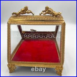 Vintage Gilt Ormulu Beveled Glass Jewelry Box Cherubs Birds Red Velvet
