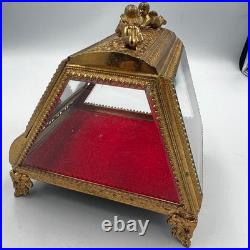 Vintage Gilt Ormulu Beveled Glass Jewelry Box Cherubs Birds Red Velvet