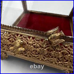 Vintage Gilt Ormulu Beveled Glass Jewelry Box Cherubs Birds Red Velvet