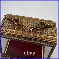 Vintage Gilt Ormulu Beveled Glass Jewelry Box Cherubs Birds Red Velvet