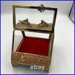 Vintage Gilt Ormulu Beveled Glass Jewelry Box Cherubs Birds Red Velvet