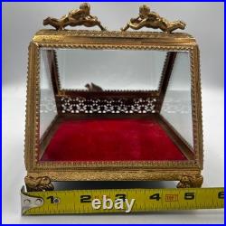 Vintage Gilt Ormulu Beveled Glass Jewelry Box Cherubs Birds Red Velvet