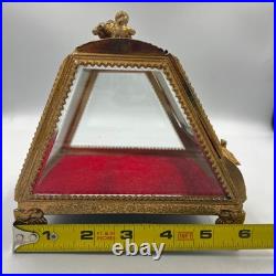 Vintage Gilt Ormulu Beveled Glass Jewelry Box Cherubs Birds Red Velvet