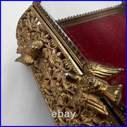 Vintage Gilt Ormulu Beveled Glass Jewelry Box Cherubs Birds Red Velvet
