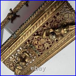 Vintage Gilt Ormulu Beveled Glass Jewelry Box Cherubs Birds Red Velvet