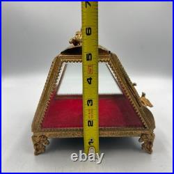 Vintage Gilt Ormulu Beveled Glass Jewelry Box Cherubs Birds Red Velvet