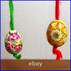 Vintage Hand Painted Real Egg Shell Ornaments Folk Art Floral Geometric Set of 2