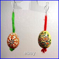Vintage Hand Painted Real Egg Shell Ornaments Folk Art Floral Geometric Set of 2