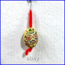 Vintage Hand Painted Real Egg Shell Ornaments Folk Art Floral Geometric Set of 2