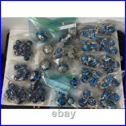 Vintage Handmade Beaded & Sequin Push Pin Christmas Ornament 82 pieces Blue Gold