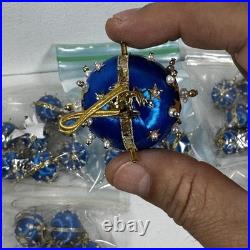 Vintage Handmade Beaded & Sequin Push Pin Christmas Ornament 82 pieces Blue Gold