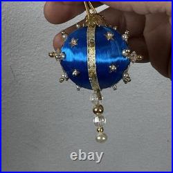Vintage Handmade Beaded & Sequin Push Pin Christmas Ornament 82 pieces Blue Gold