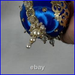 Vintage Handmade Beaded & Sequin Push Pin Christmas Ornament 82 pieces Blue Gold