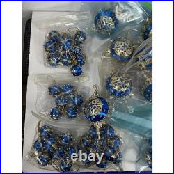 Vintage Handmade Beaded & Sequin Push Pin Christmas Ornament 82 pieces Blue Gold