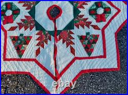 Vintage Handmade Hand Quilted Christmas Tree Skirt Star Shape Trees Wreaths 23'