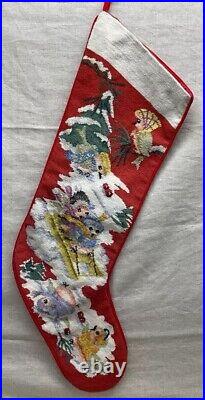 Vintage Handmade Needlepoint Christmas Tree Birds Sleigh Jumbo Stocking