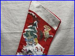 Vintage Handmade Needlepoint Christmas Tree Birds Sleigh Jumbo Stocking