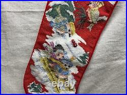 Vintage Handmade Needlepoint Christmas Tree Birds Sleigh Jumbo Stocking