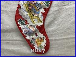Vintage Handmade Needlepoint Christmas Tree Birds Sleigh Jumbo Stocking
