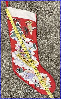 Vintage Handmade Needlepoint Christmas Tree Birds Sleigh Jumbo Stocking