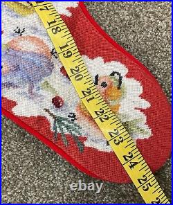 Vintage Handmade Needlepoint Christmas Tree Birds Sleigh Jumbo Stocking