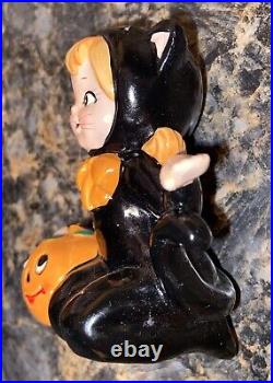 Vintage Lefton Girl Figurine Halloween Black Cat Costume Jack-O-Lantern 3.5