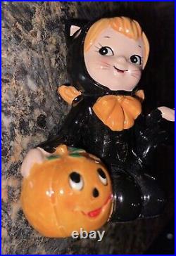 Vintage Lefton Girl Figurine Halloween Black Cat Costume Jack-O-Lantern 3.5