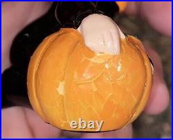 Vintage Lefton Girl Figurine Halloween Black Cat Costume Jack-O-Lantern 3.5
