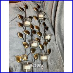 Vintage Metal Leaf Wall Candle Sconces Set Brass Gold Glass Votive MCM 70's