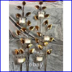 Vintage Metal Leaf Wall Candle Sconces Set Brass Gold Glass Votive MCM 70's