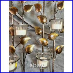 Vintage Metal Leaf Wall Candle Sconces Set Brass Gold Glass Votive MCM 70's