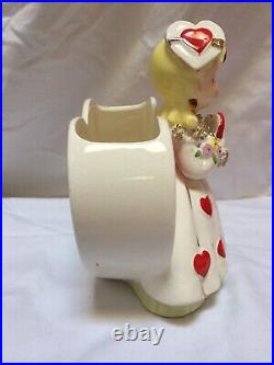 Vintage Nidco 1957 Valentine's Day Girl Planter Holding Heart Vase, HTF, Good Vintage Nidco 1957 Valentine's Day Girl Planter Holding Heart Vase, HTF, Good