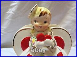 Vintage Nidco 1957 Valentine's Day Girl Planter Holding Heart Vase, HTF, Good Vintage Nidco 1957 Valentine's Day Girl Planter Holding Heart Vase, HTF, Good