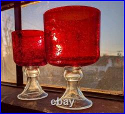 Vintage Ruby Red Seed Bubble Large Hurricane Candle Holders