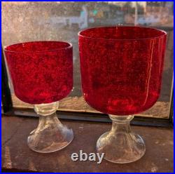 Vintage Ruby Red Seed Bubble Large Hurricane Candle Holders